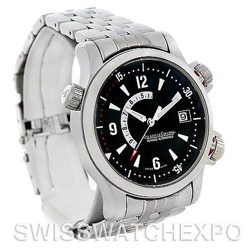 The image shows a Jaeger LeCoultre Master 146.8.97/1 Men's Stainless Steel Black Dial 146.8.97/1 Men's Stainless Steel Black Dial model watch from a front-side angle, highlighting the dial, bezel, and bracelet.