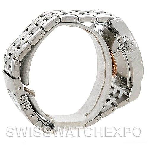 This side profile view shows the band and case back of the Jaeger-LeCoultre Master model watch.