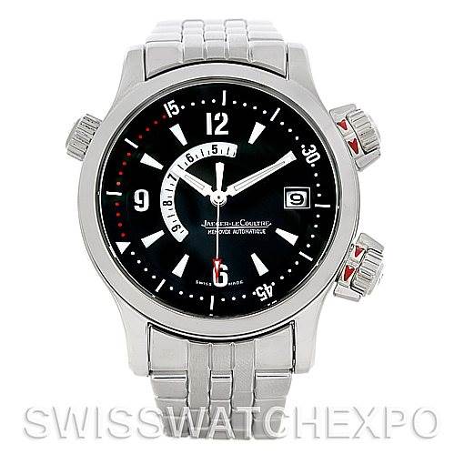 This Jaeger-LeCoultre Master model watch is shown front-on, displaying its face, bezel, and stainless steel bracelet.