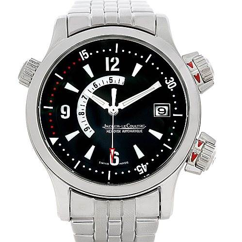 This image shows the front view of the Jaeger LeCoultre Master 146.8.97/1 Men's Stainless Steel Black Dial 146.8.97/1 Men's Stainless Steel Black Dial model watch, highlighting its dial, crown, and bracelet.