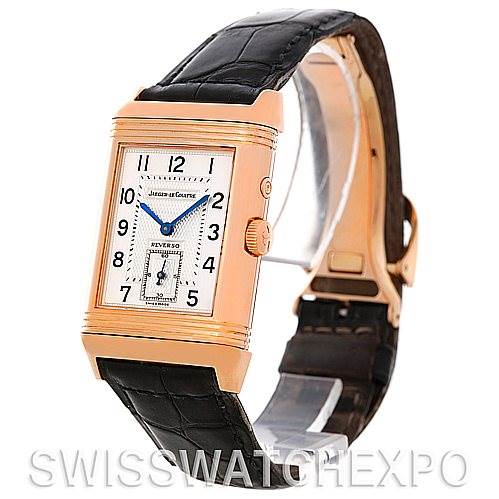 The Jaeger LeCoultre Reverso 270.254 Men's Rose Gold Silver Dial 270.254 Men's Rose Gold Silver Dial watch is shown at a three-quarters angle, highlighting the dial, case, crown, and leather strap.