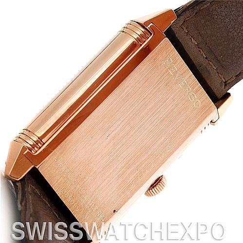 This image shows the back case of a Jaeger LeCoultre Reverso 270.254 Men's Rose Gold Silver Dial 270.254 Men's Rose Gold Silver Dial watch at an angle.