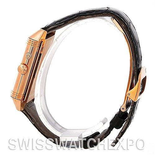 The image shows a side view of the Reverso watch by Jaeger-LeCoultre, highlighting the strap, case, and crown.