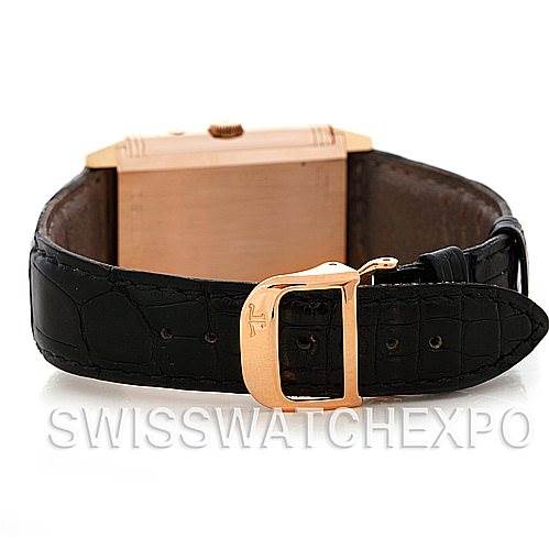 The image shows the rear view of the Jaeger LeCoultre Reverso 270.254 Men's Rose Gold Silver Dial 270.254 Men's Rose Gold Silver Dial watch displaying its leather strap and metal clasp.