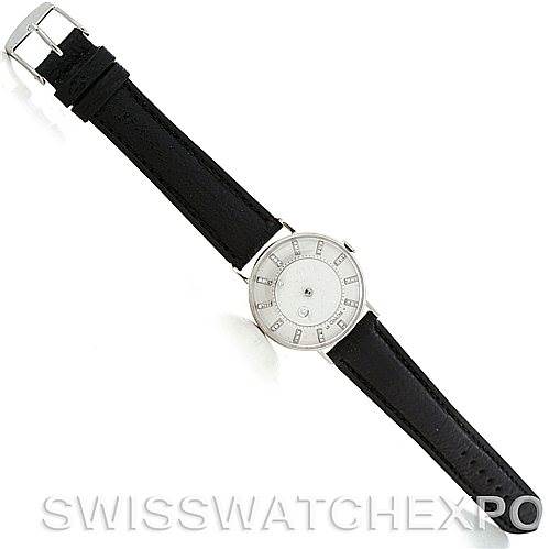 The image shows a top-down view of a Vintage Jaeger LeCoultre watch with its black strap fully visible.
