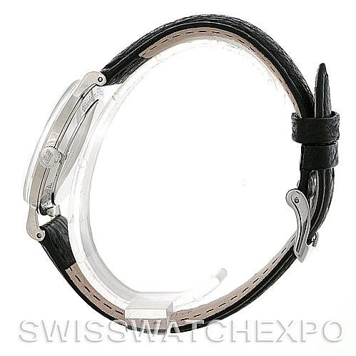 The image shows a side view of the Jaeger LeCoultre Vintage Men's White Gold Silver Dial Men's White Gold Silver Dial watch focusing on the case, lugs, crown, and leather strap with a buckle.