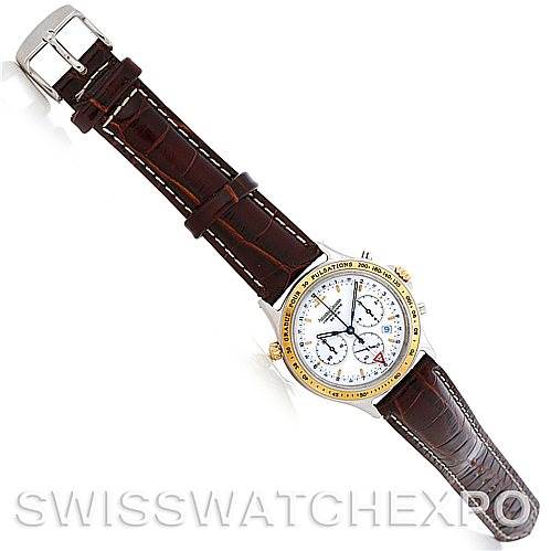 The image shows a top view of a Vintage Jaeger LeCoultre watch with a brown leather strap and round face, including a buckle.