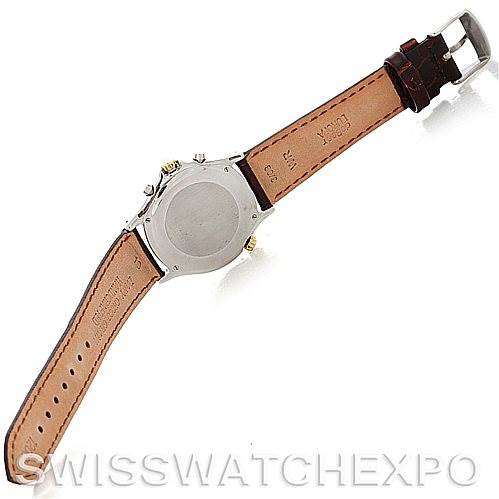 This is the back view of a Vintage Jaeger LeCoultre watch displaying the case back and leather strap.