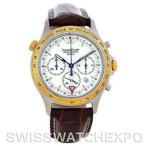 This image shows a front view of a Jaeger LeCoultre Vintage 116.5.33 Men's Stainless Steel White Dial 116.5.33 Men's Stainless Steel White Dial Chronograph watch with a white dial, brown leather strap, and yellow accents.