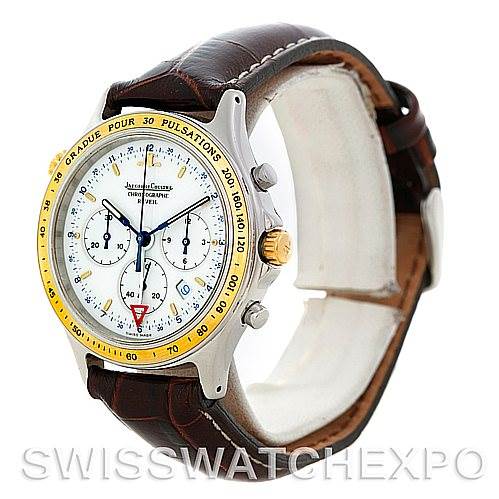 The image displays a side-front angle of the Vintage Jaeger LeCoultre watch, highlighting its dial, bezel, crown, and leather strap.