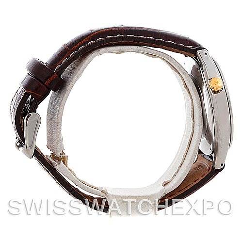 The image shows a side profile view of a Vintage Jaeger LeCoultre watch, highlighting its case, crown, and leather strap.