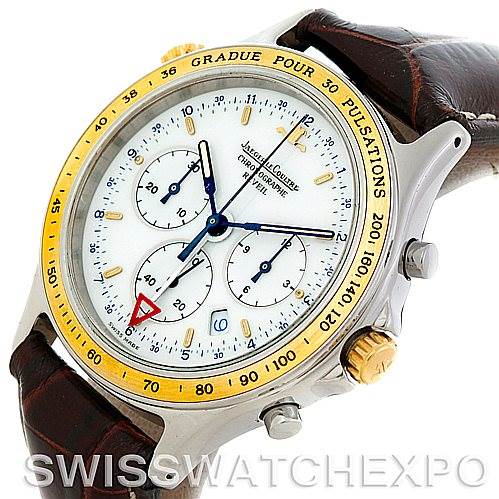 This image shows a front view of a Vintage Jaeger LeCoultre Chronograph watch, highlighting the dial, subdials, crown, and bezel.