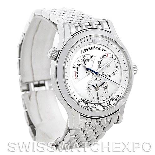 This image shows a side-angle view of the Jaeger-LeCoultre Master model watch, featuring its dial, bezel, crown, and metal bracelet.