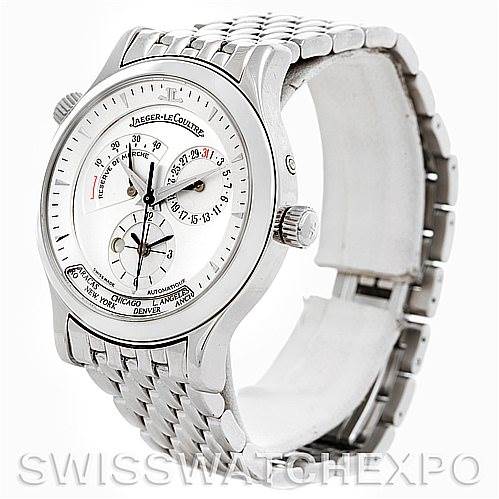 The image shows a Jaeger LeCoultre Master 142.8.92 Men's Stainless Steel Silver Dial 142.8.92 Men's Stainless Steel Silver Dial model watch at an angled view, highlighting its dial, crown, and metal bracelet.