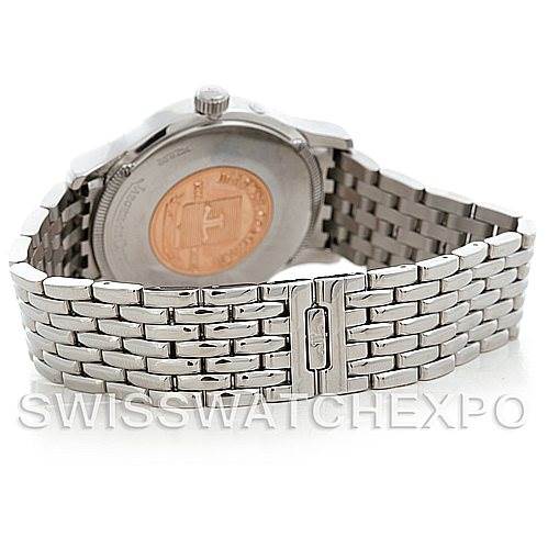 The image shows the back view of a Jaeger LeCoultre Master 142.8.92 Men's Stainless Steel Silver Dial 142.8.92 Men's Stainless Steel Silver Dial watch, focusing on the metallic bracelet and case back.