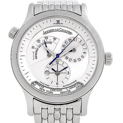 The image shows a front view of the Jaeger LeCoultre Master 142.8.92 Men's Stainless Steel Silver Dial 142.8.92 Men's Stainless Steel Silver Dial model watch with a metal bracelet and multiple sub-dials.