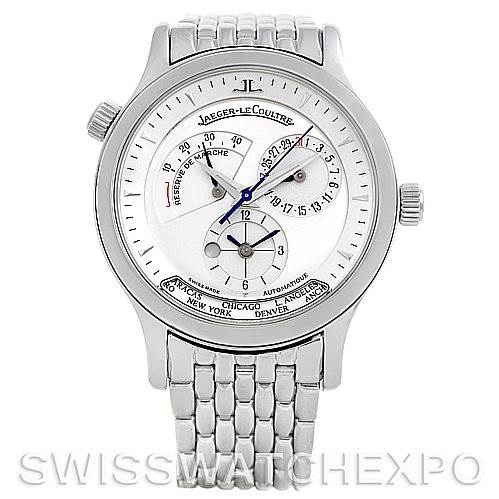 This is a head-on view of the Jaeger-LeCoultre Master model watch, showcasing its dial, complications, and metal bracelet.