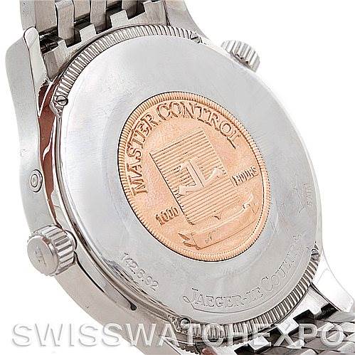 The image shows the back and sides of a Jaeger LeCoultre Master 142.8.92 Men's Stainless Steel Silver Dial 142.8.92 Men's Stainless Steel Silver Dial model watch, highlighting the engraving and metal bracelet.