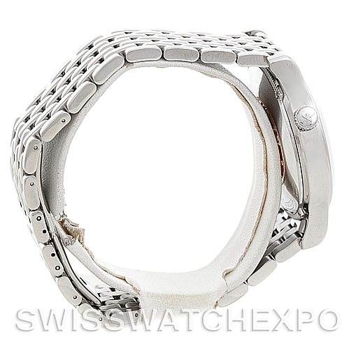 The image shows a side view of a Jaeger LeCoultre Master 142.8.92 Men's Stainless Steel Silver Dial 142.8.92 Men's Stainless Steel Silver Dial model watch, highlighting the stainless steel bracelet and case.