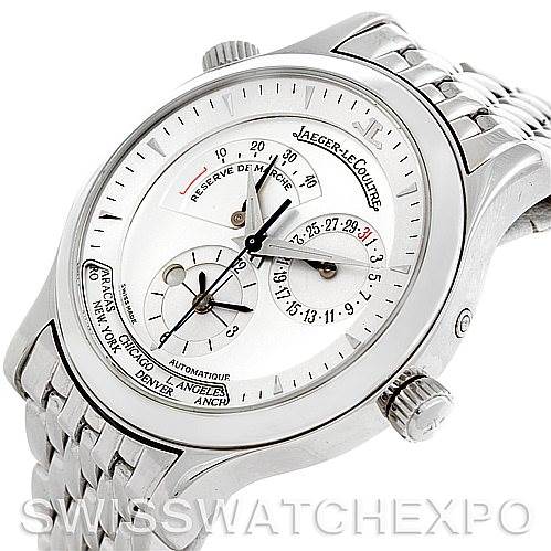 The image shows a Jaeger-LeCoultre Master model watch at a slight angle, highlighting its face, dial, and metal bracelet.