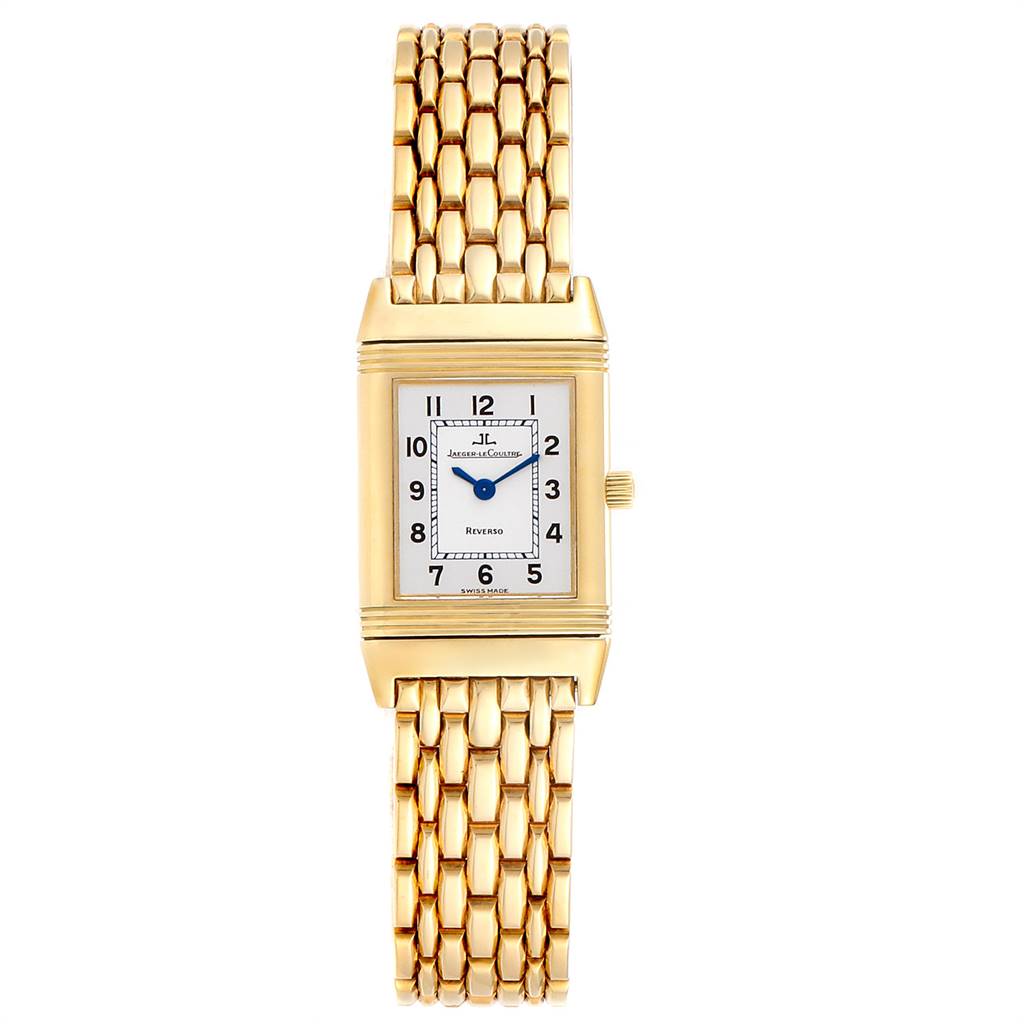 This image shows the front view of a Jaeger-LeCoultre Reverso watch, displaying the face and gold bracelet.