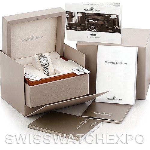 The image shows a Jaeger LeCoultre Reverso 260.8.47 Women
s Stainless Steel Silver Dial 260.8.47 Women
s Stainless Steel Silver Dial watch in its box, along with the guarantee certificate and additional documentation.