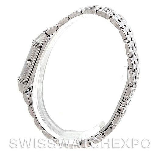 This image shows a side profile of the Jaeger-LeCoultre Reverso watch, highlighting its case and metal bracelet.