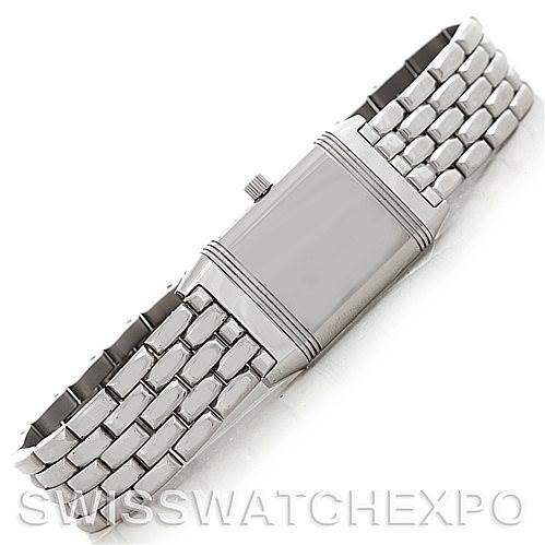 This image shows a top view of a Jaeger LeCoultre Reverso 260.8.47 Women
s Stainless Steel Silver Dial 260.8.47 Women
s Stainless Steel Silver Dial watch, featuring its bracelet and rectangular case back.