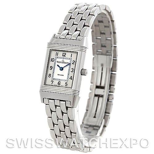 This is a front angled view of a Jaeger LeCoultre Reverso 260.8.47 Women
s Stainless Steel Silver Dial 260.8.47 Women
s Stainless Steel Silver Dial watch, showing its face, bezel, and metal bracelet.