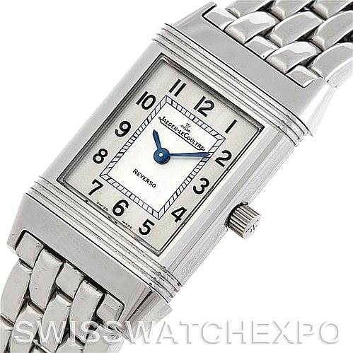 This image shows a close-up top view of the Jaeger LeCoultre Reverso 260.8.47 Women
s Stainless Steel Silver Dial 260.8.47 Women
s Stainless Steel Silver Dial watch, highlighting the face, bracelet, and crown.