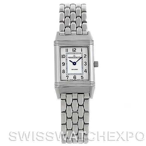 This image shows a front-view angle of the Jaeger LeCoultre Reverso 260.8.47 Women
s Stainless Steel Silver Dial 260.8.47 Women
s Stainless Steel Silver Dial watch, featuring its rectangular case and metal bracelet.