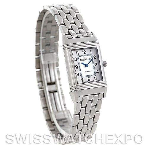 The image shows a Jaeger LeCoultre Reverso 260.8.47 Women
s Stainless Steel Silver Dial 260.8.47 Women
s Stainless Steel Silver Dial watch with a stainless steel bracelet, displayed at a three-quarter angle.