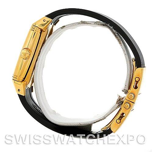 This image showcases a Jaeger-LeCoultre Reverso watch from a side angle, highlighting the strap, clasp, and the side of the watch case.