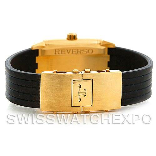 This image shows the back and clasp of a Jaeger-LeCoultre Reverso watch, highlighting its gold clasp and black strap.