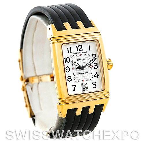 The image shows a Jaeger-LeCoultre Reverso watch from an angled front view, highlighting the dial, case, and part of the strap.