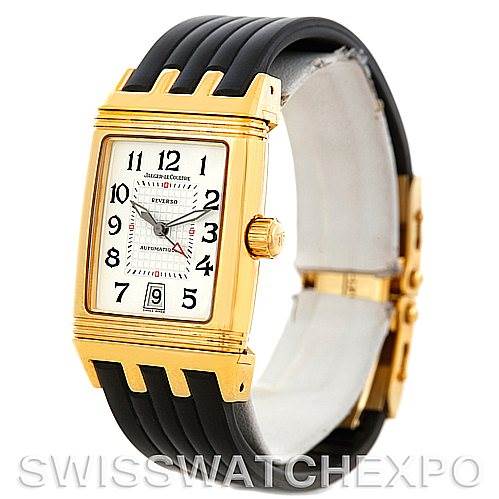 This image shows a Jaeger LeCoultre Reverso 290160 Men
s Yellow Gold Silver Dial 290160 Men
s Yellow Gold Silver Dial watch at a slight angle, displaying its face, gold case, and black strap.