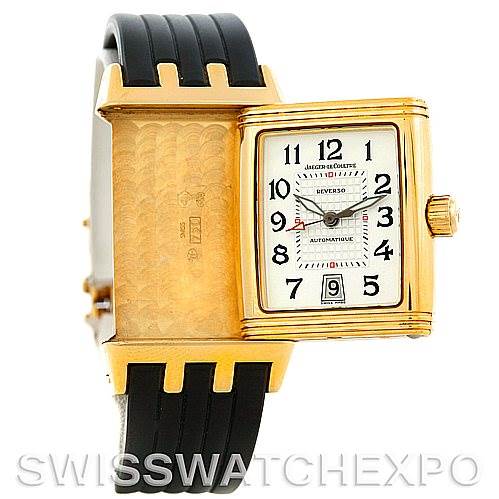 The image shows a Jaeger LeCoultre Reverso 290160 Men
s Yellow Gold Silver Dial 290160 Men
s Yellow Gold Silver Dial watch from a front angle, highlighting the dial, case, and partial view of the strap.