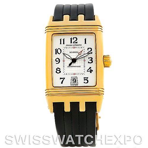 This image shows the front view of a Jaeger LeCoultre Reverso 290160 Men
s Yellow Gold Silver Dial 290160 Men
s Yellow Gold Silver Dial watch with a rectangular case and a rubber strap.