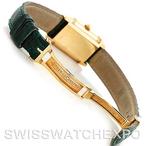 This image shows the clasp and the back case of the Jaeger-LeCoultre Reverso watch at an angled view.