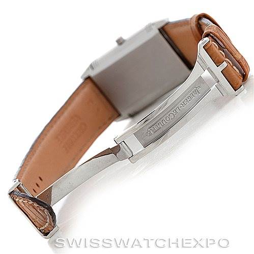The image shows a side angle of the Jaeger LeCoultre Reverso 250.84.11 Men's Stainless Steel Silver Dial 250.84.11 Men's Stainless Steel Silver Dial watch's clasp and leather strap.