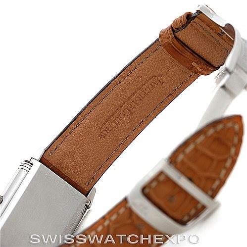 The image shows a close-up angle of the leather straps and buckle of a Jaeger LeCoultre Reverso 250.84.11 Men's Stainless Steel Silver Dial 250.84.11 Men's Stainless Steel Silver Dial watch.