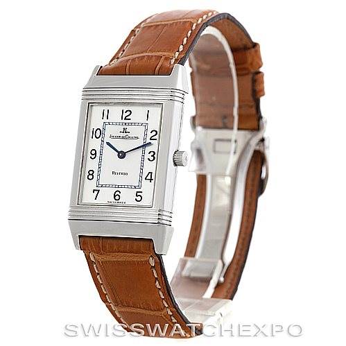 The image shows a Jaeger-LeCoultre Reverso watch angled slightly from the front, highlighting the face and brown leather strap.