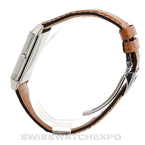 This image shows a Jaeger-LeCoultre Reverso model watch from a side view, highlighting the case and brown leather strap.