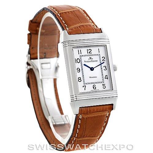 This image shows a Jaeger LeCoultre Reverso 250.84.11 Men's Stainless Steel Silver Dial 250.84.11 Men's Stainless Steel Silver Dial watch from a three-quarter angle, highlighting its rectangular dial and brown leather strap.