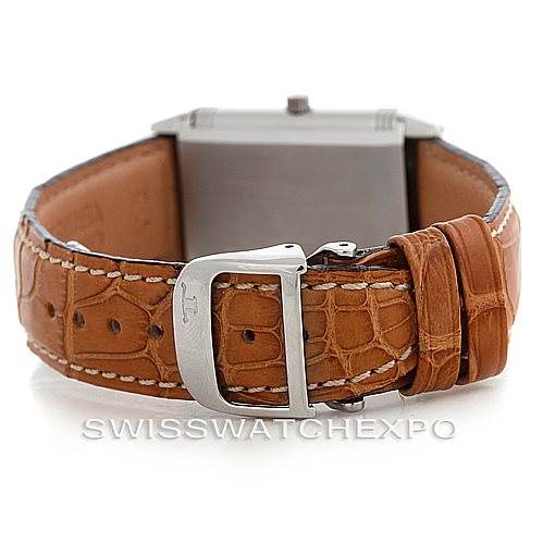 The image shows the back view of the Jaeger-LeCoultre Reverso watch, focusing on its brown leather strap and clasp.