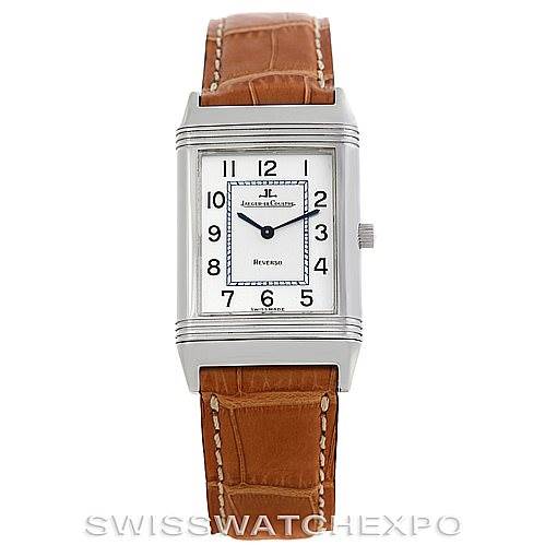 This photo shows a front view of the Jaeger LeCoultre Reverso 250.84.11 Men's Stainless Steel Silver Dial 250.84.11 Men's Stainless Steel Silver Dial watch, displaying its rectangular face and brown leather strap.