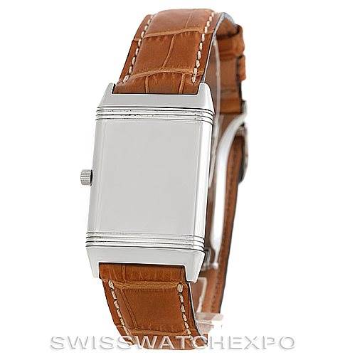 The image shows a Jaeger-LeCoultre Reverso watch at a slightly angled front view, highlighting its rectangular case and brown leather strap.