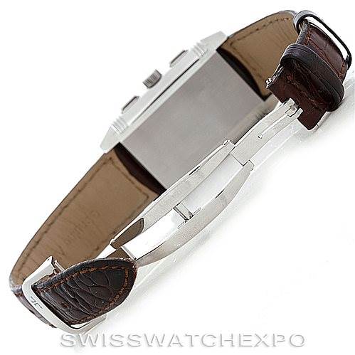 The image shows the back view of a Jaeger LeCoultre Reverso 240.8.18 Men's Stainless Steel Silver Dial 240.8.18 Men's Stainless Steel Silver Dial watch, featuring its clasp and brown leather strap.