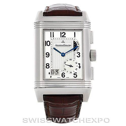 This image shows a frontal view of the Jaeger LeCoultre Reverso 240.8.18 Men's Stainless Steel Silver Dial 240.8.18 Men's Stainless Steel Silver Dial watch, highlighting the face, case, crown, and part of the leather strap.