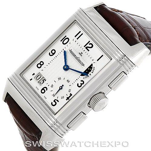This image shows a close-up angle of a Jaeger LeCoultre Reverso 240.8.18 Men's Stainless Steel Silver Dial 240.8.18 Men's Stainless Steel Silver Dial watch, highlighting the case, dial, and part of the strap.